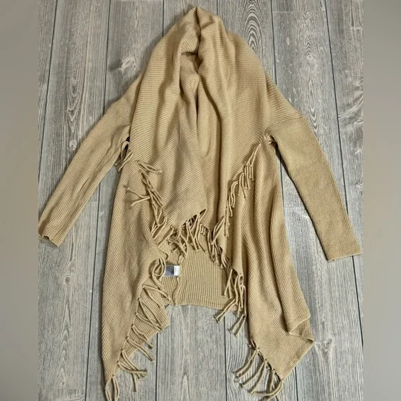 Cream/Tan color Long Duster with Fringe, Open front Cardigan, Size Small - Picture 3 of 7